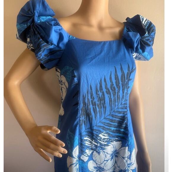 Hoku Vintage Hawaiian Blue Floral Midi Dress M Party/Cocktail - Picture 1 of 9